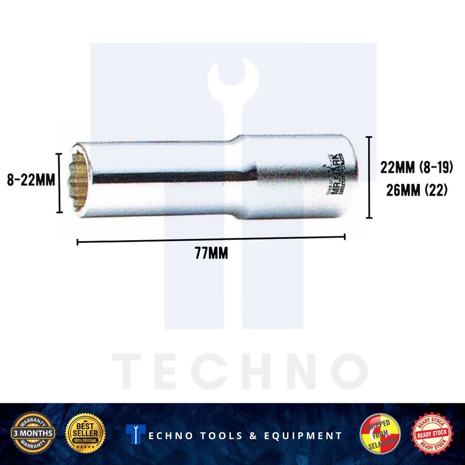 MK-TOL-4302M (08-22mm) Mr.Mark 1/2" 12-Point Deep Socket CRV Hand Socket