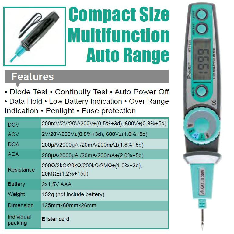PRO'SKIT MT-1630 Pen-Style Digital Multimeter (NEW & ORI PROSKIT)