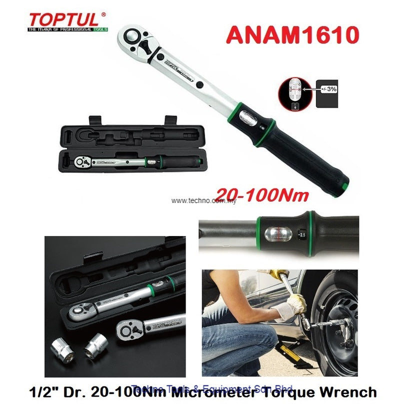 Toptul ANAM1610 - 1/2" Dr. 20-100Nm Micrometer Adjustable Torque Wrench