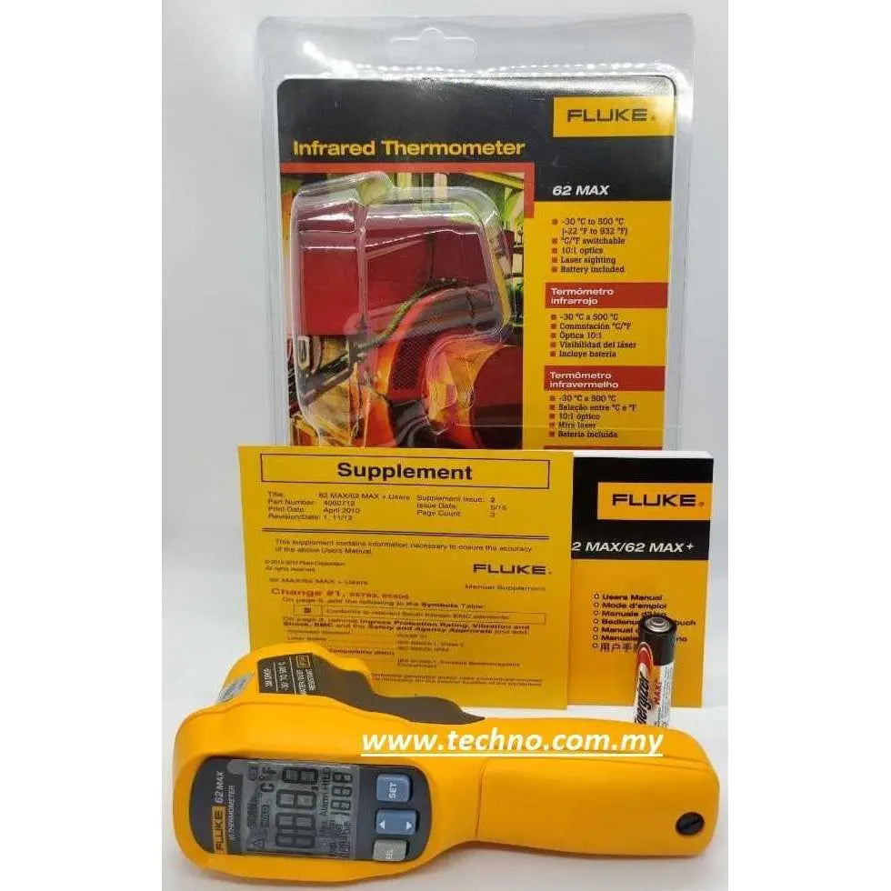 Fluke 62 MAX infrared thermometer, -30°C to 500°C range, IP54 rated, 3m drop test, single laser targeting. 1 year warranty. Shop now!