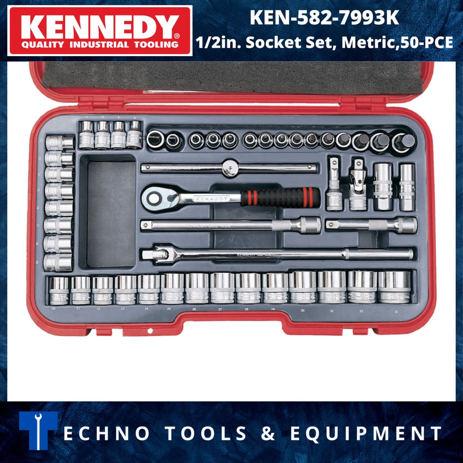 KennedyPro 1/2in. Socket Set – 50-piece metric set made from chrome vanadium steel. Ideal for professionals needing durability, precision & full socket range.