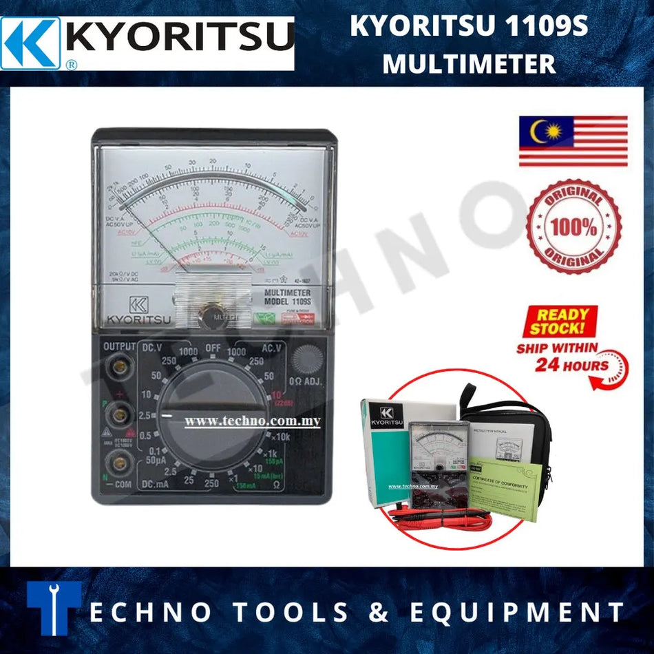 KYORITSU 1109S analogue multimeter front view with needle with package includes