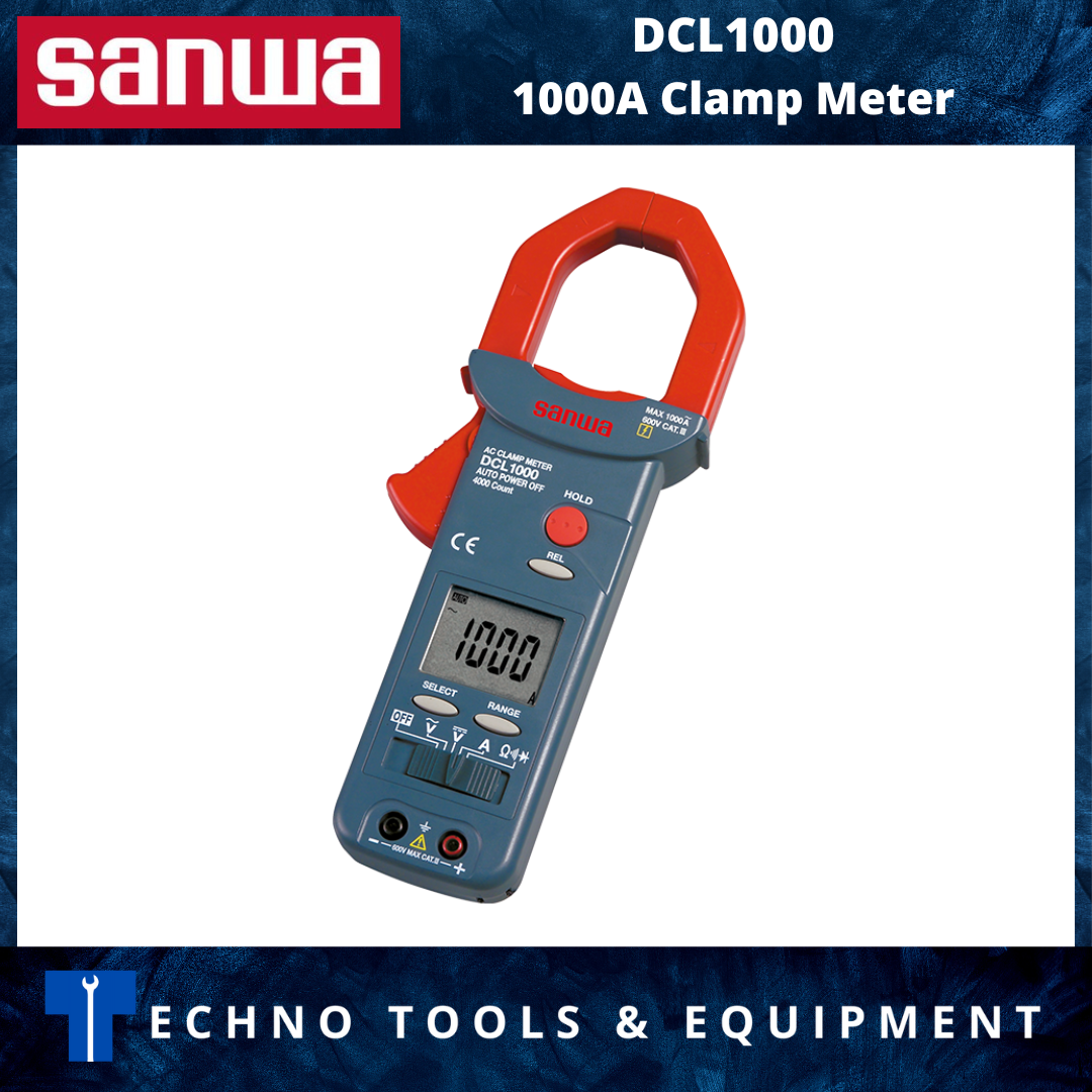 SANWA DCL1000 1000A Clamp Meter, electronic testing tool, with digital display and measurement probes.