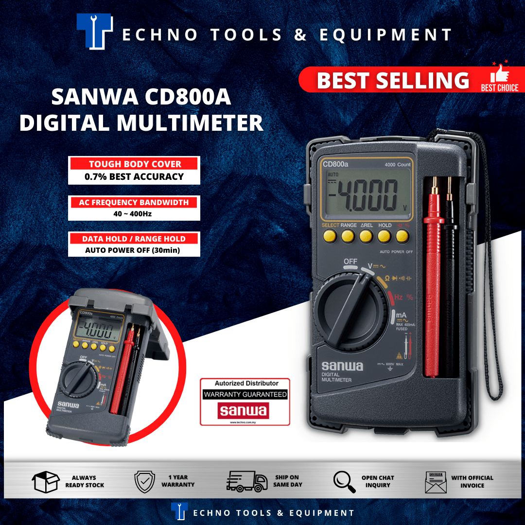 SANWA CD800A Digital Multimeter 600V Tester, Japan made, Front view of Sanwa CD800a digital multimeter showing LCD display and buttons