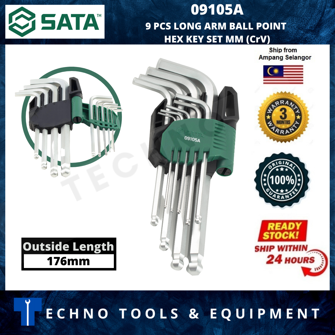 ALLEN KEY / HEX KEY / HEXAGON KEY SET / BALL POINT HEX KEY / SATA 09105A 9PCS LONG ARM BALL POINT HEX KEY SET MM (CRV) SATA