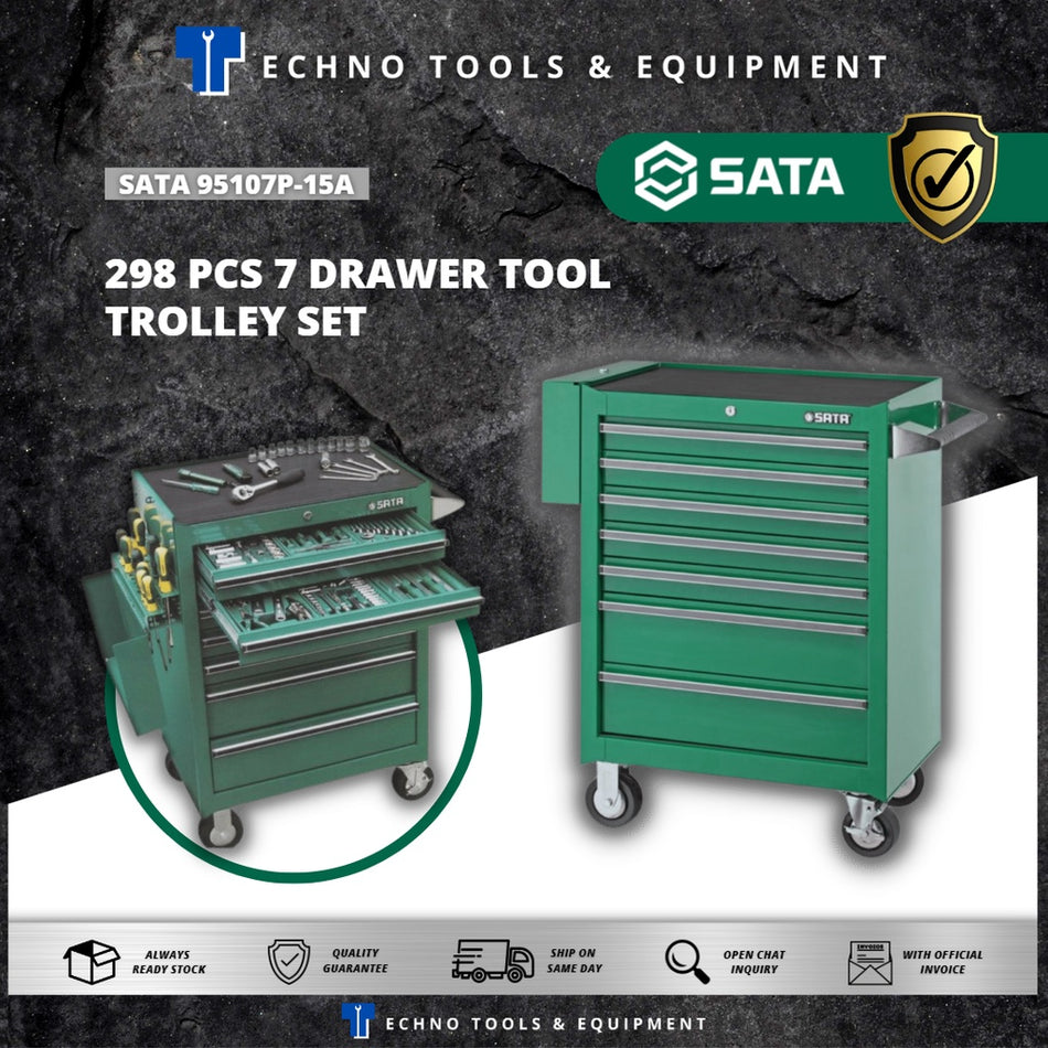 Full view of SATA 95107P-15A 7-drawer tool trolley set with 298 pieces for professional workshop use.