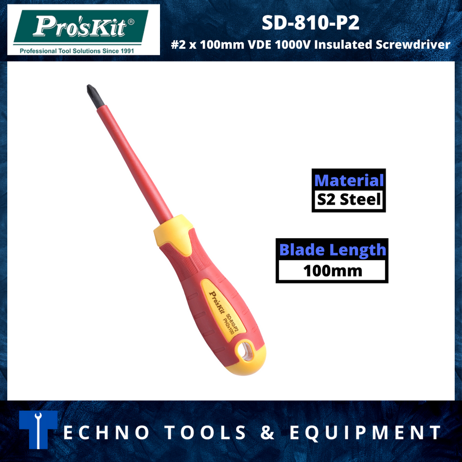 PRO'SKIT SD-810-P2 VDE 1000V Insulated Screwdriver - #2 x 100mm