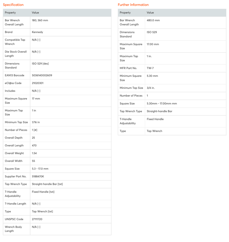 KENNEDY 3/8"-1" SQUARE SIZE TRADITIONAL TAP WRENCH (5.3 - 17.0mm) KEN5188470K