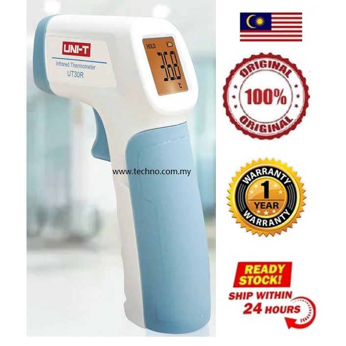 A UNI-T UT30R non-contact infrared thermometer, predominantly white with blue accents, showing digital display and buttons.