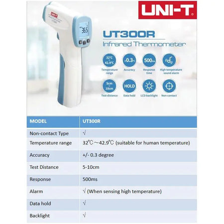 Uni-T UT300R infrared thermometer, ±0.3°C accuracy, 32°C ~ 42.9°C, 1s measurement, high temp alarm, data hold. Simple sanitary operation. Shop now!