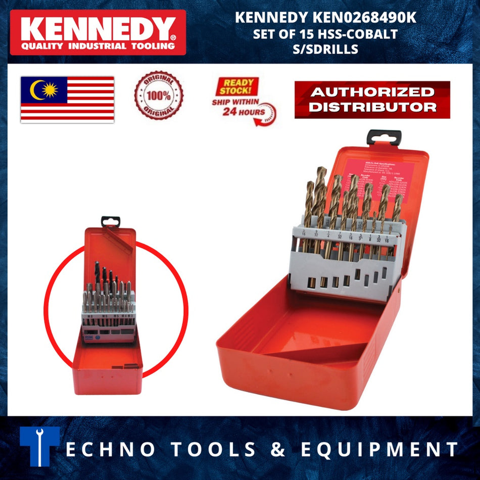 KENNEDY SET OF 15 HSS-COBALT S/SDRILLS 1/16"-1/2" x 1/32" KEN-0268-490K