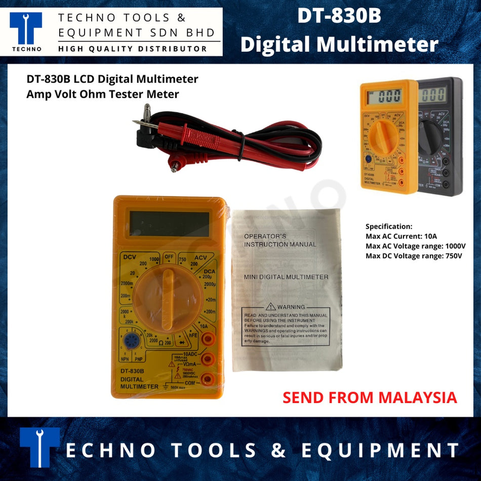 DT-830B LCD Digital Multimeter Amp Volt Ohm Tester Meter (Yellow)