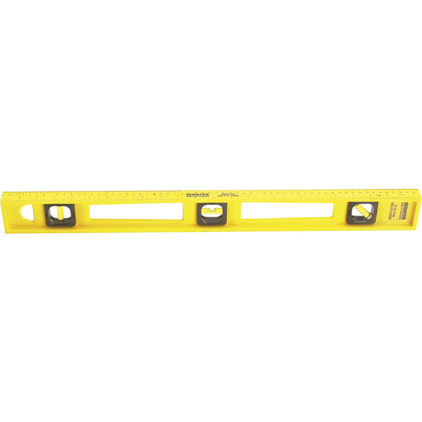 A yellow brand senator, sen5102240k, metal level with three vials, used for measuring horizontal, vertical, and 45-degree angles.