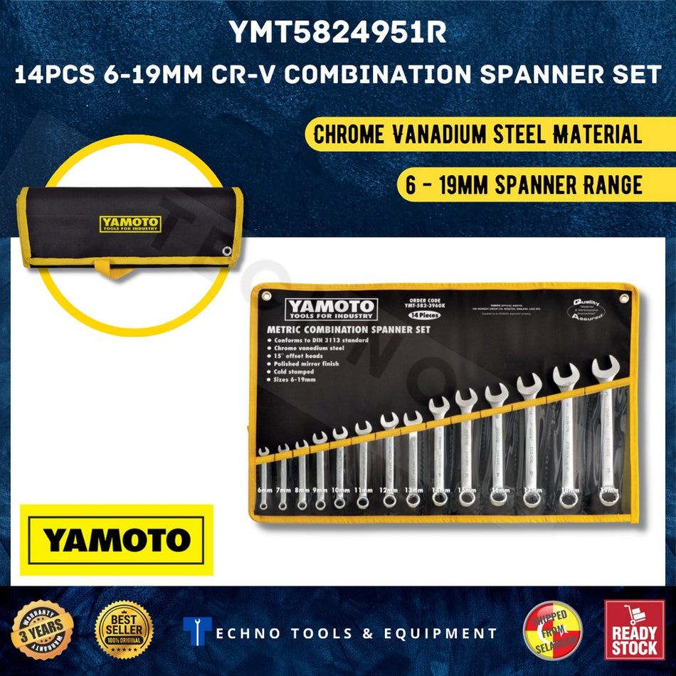 Yamoto YMT5824951R Metric, Combination Spanner Set 6-19mm 14pcs Chrome Vanadium Steel